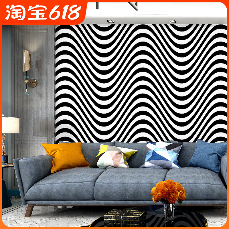 黑白波浪纹壁纸几何图形图案简约现代卧室客厅背景墙曲线条纹墙纸