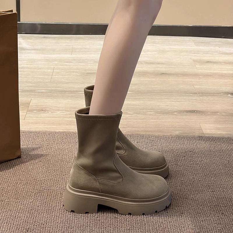 马丁靴女短靴2024年冬季新款时尚百搭法式复古显瘦厚底磨砂弹力靴