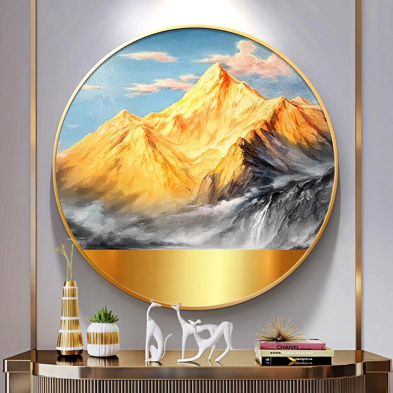 纯手绘圆形油画新中式玄关客厅装饰画欧式餐厅山水风景壁挂画作品