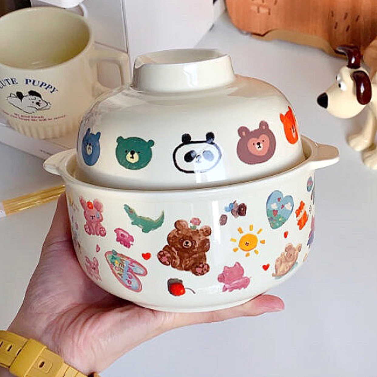 可爱韩式涂鸦小熊泡面碗可爱卡通带盖学生宿舍螺蛳粉陶瓷 早餐碗
