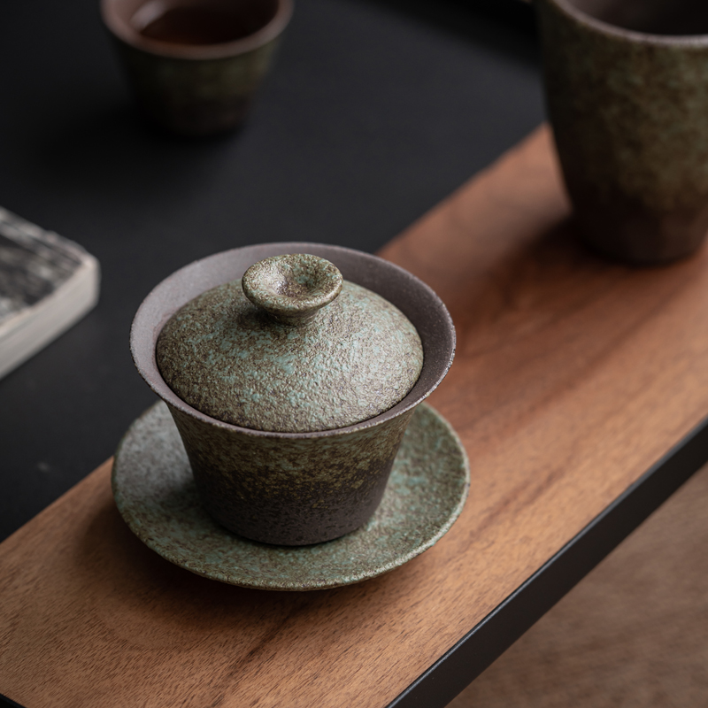粗陶三才盖碗单个不烫手复古窑变绿陶瓷功夫茶具家用小泡茶碗带盖