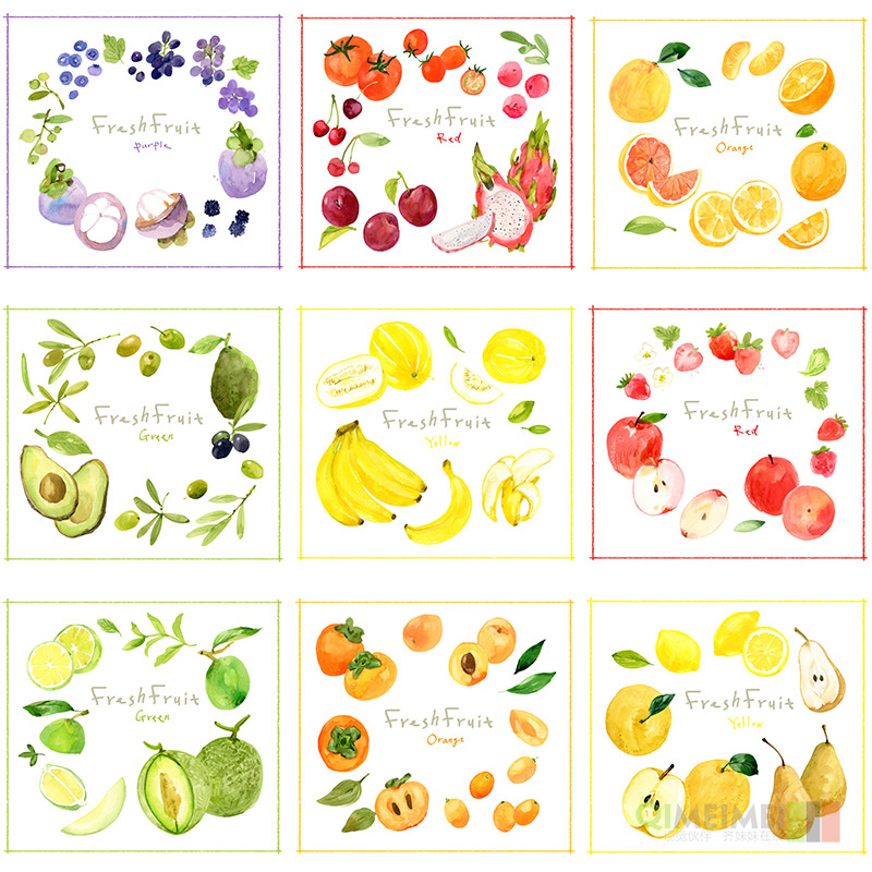 手绘美食水果火龙果葡萄柠檬苹果牛油果插图psd设计元素材930102