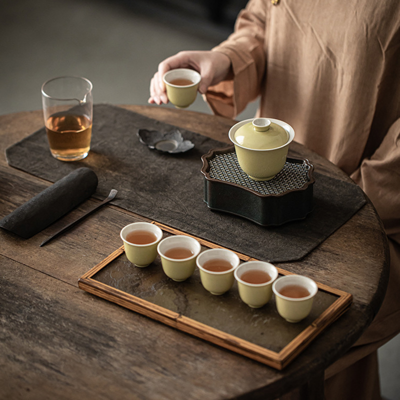 大相莲花 石蕊粉海沫绿盖碗茶具礼盒 手工陶瓷茶器组合 功夫茶具