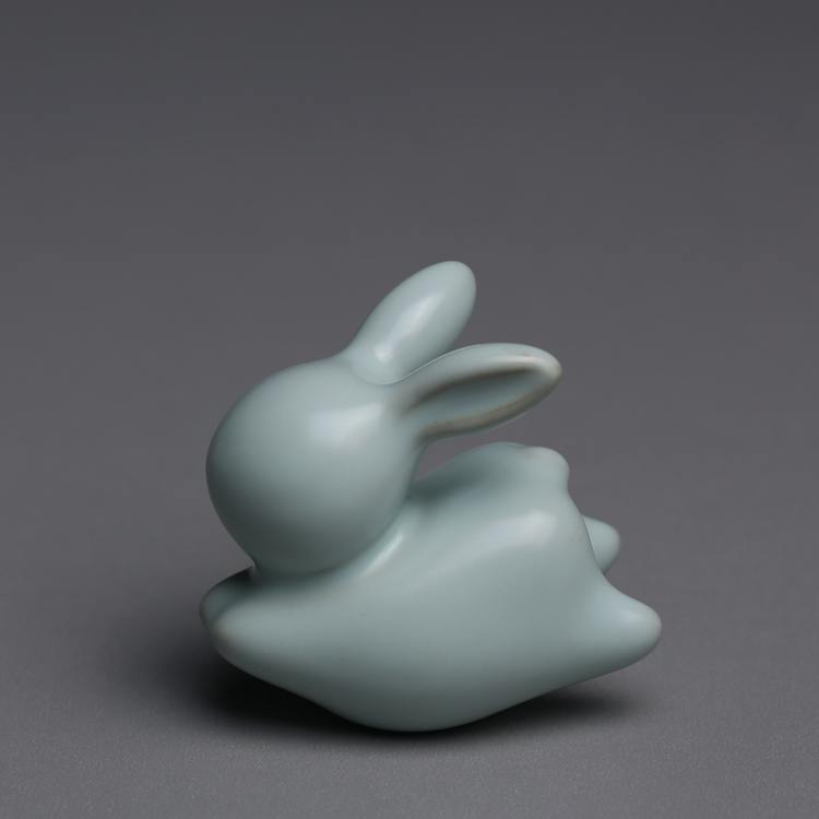 汝窑小玉兔可爱兔子有趣开片可养陶瓷摆件小茶宠茶玩笔架茶具配件