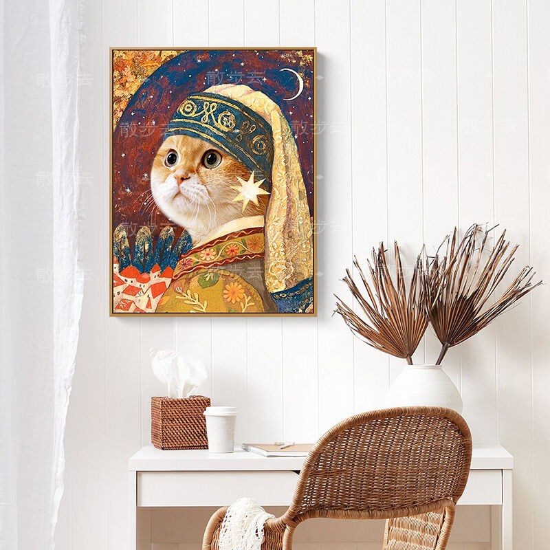 散步去华丽插图戴珍珠耳环的少女肥橘猫艺术装饰画客餐厅卧室房间