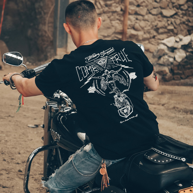 欧美风骷髅头机车街头西海岸摩托车骑行骑士MOTO纯棉短袖T恤型男