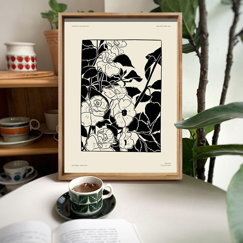 北欧法式复古框里的花~手绘花朵大树~小众抽象艺术线条黑白装饰画