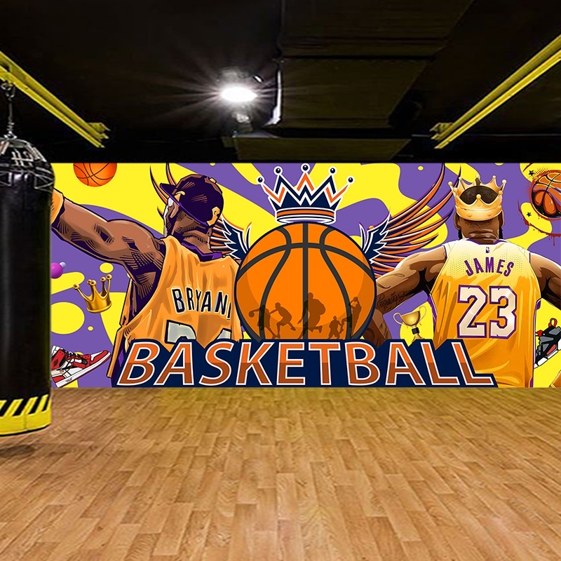3D篮球馆装饰涂鸦墙纸科比詹姆斯海报墙绘背景墙少儿童体能馆壁纸