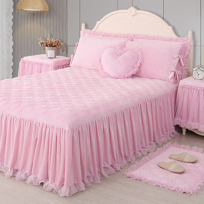 巧致生活雪绒花粉色单件床裙床罩水晶绒加厚新款公主风床上用品
