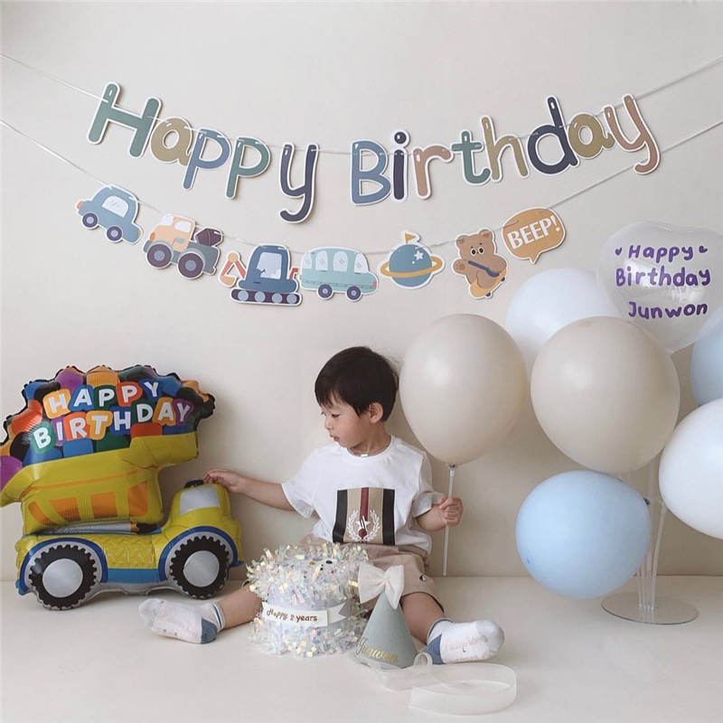 男孩生日周岁背景墙布置卡通小汽车拉旗蓝色气球地飘儿童派对装饰
