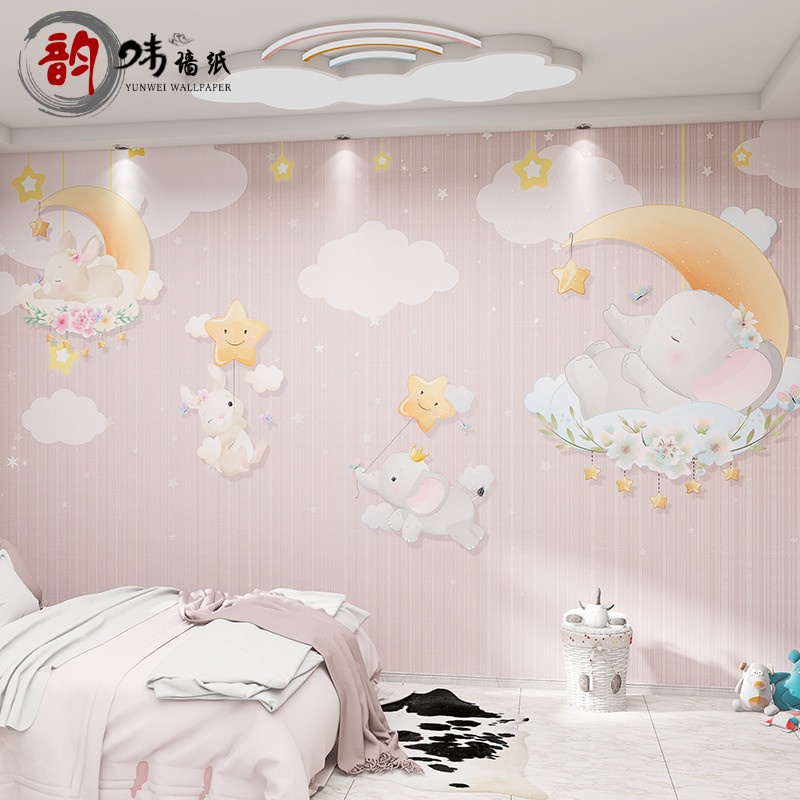 3D卡通动物月亮壁纸儿童房幼儿园主题民宿酒店装饰童装直播背景墙
