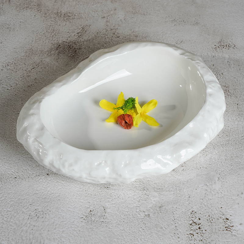 餐厅创意异形餐具西式不规则凉菜盘子纯白石纹冷品盘意境菜椭圆盘