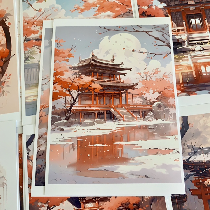 中国红建筑古典风格临摹卡儿童创意美术明信片马克笔建筑画稿