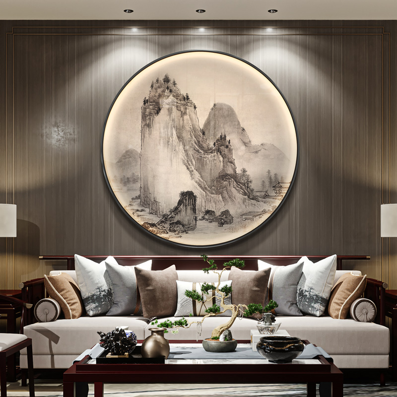 新中式玄关客厅沙发背景装饰画茶室软装风景大气圆形发光壁挂画
