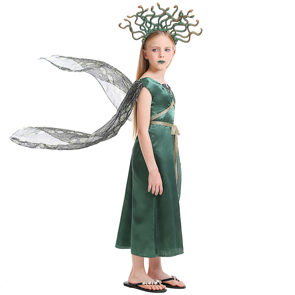 万圣节服装儿童希腊神话青色戈耳工美杜莎蛇发女妖cosplay表演服