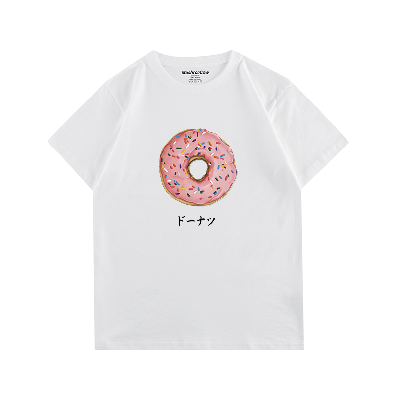 MushronCow日系甜甜圈插画印花短袖T恤学生可爱百搭宽松纯棉上衣