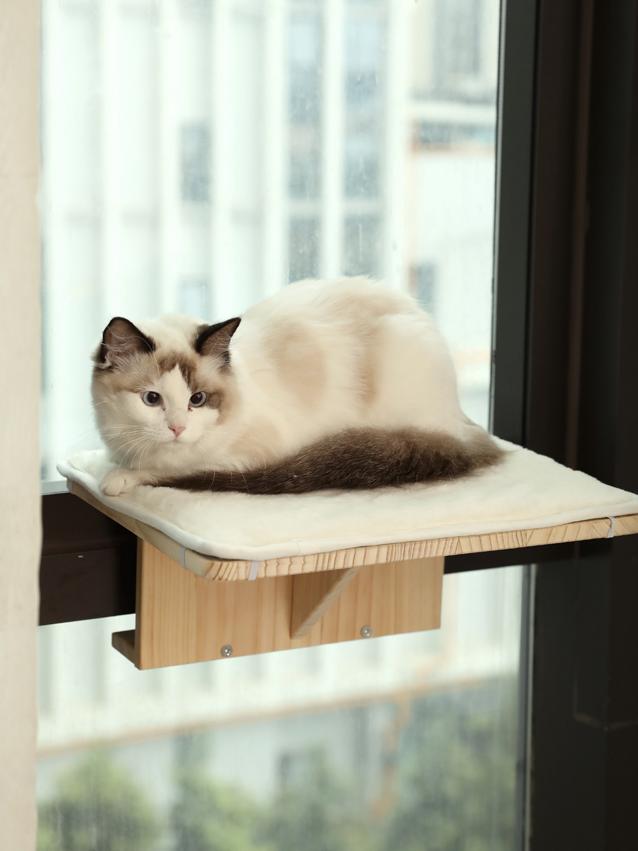 九翊挂窗边猫窝免打孔猫吊床阳台改造实木猫床猫跳台跳板栏杆猫架