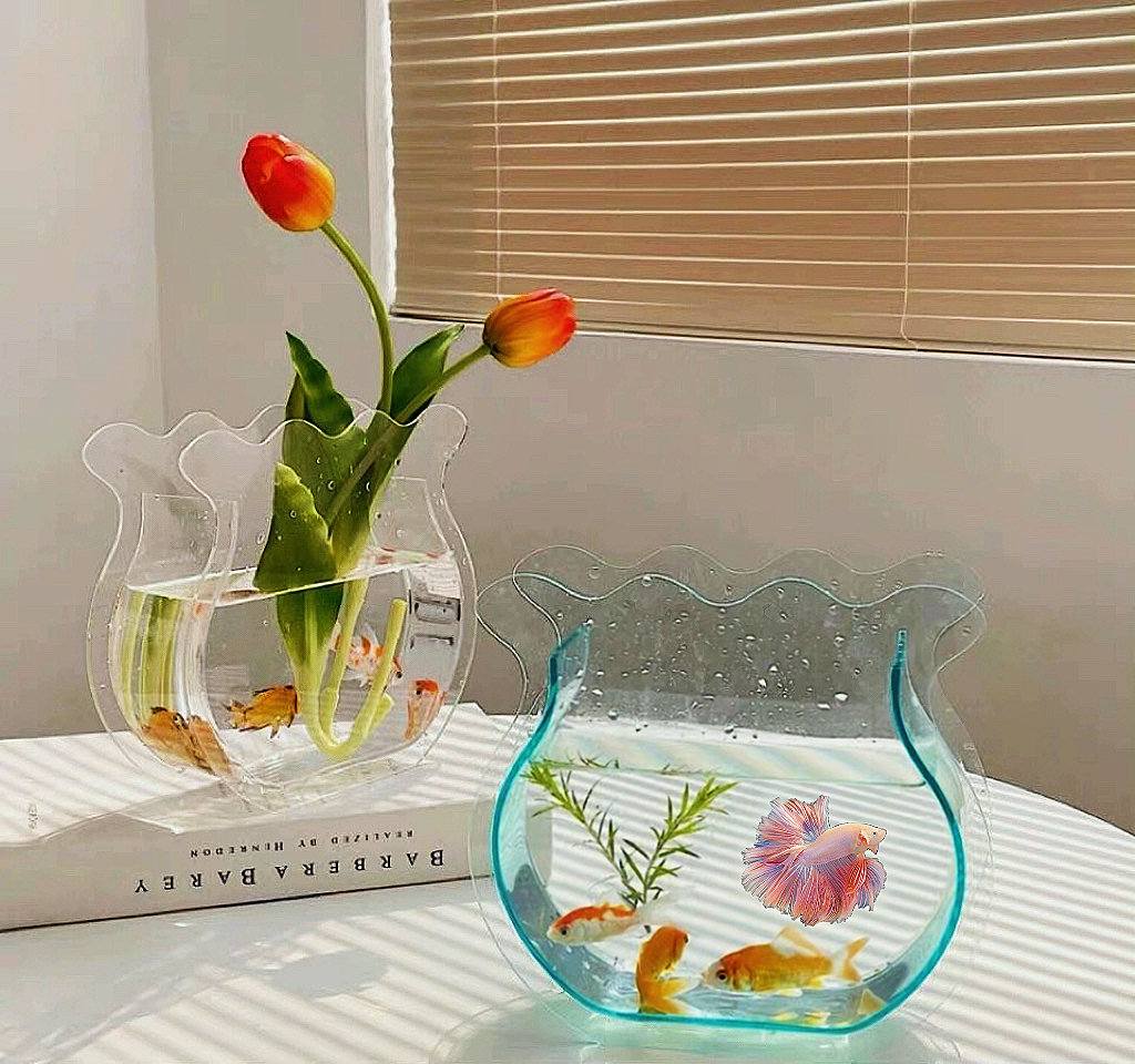 斗鱼专用客厅小型2024新款亚克力金鱼缸花瓶水养鲜花创意桌面摆件