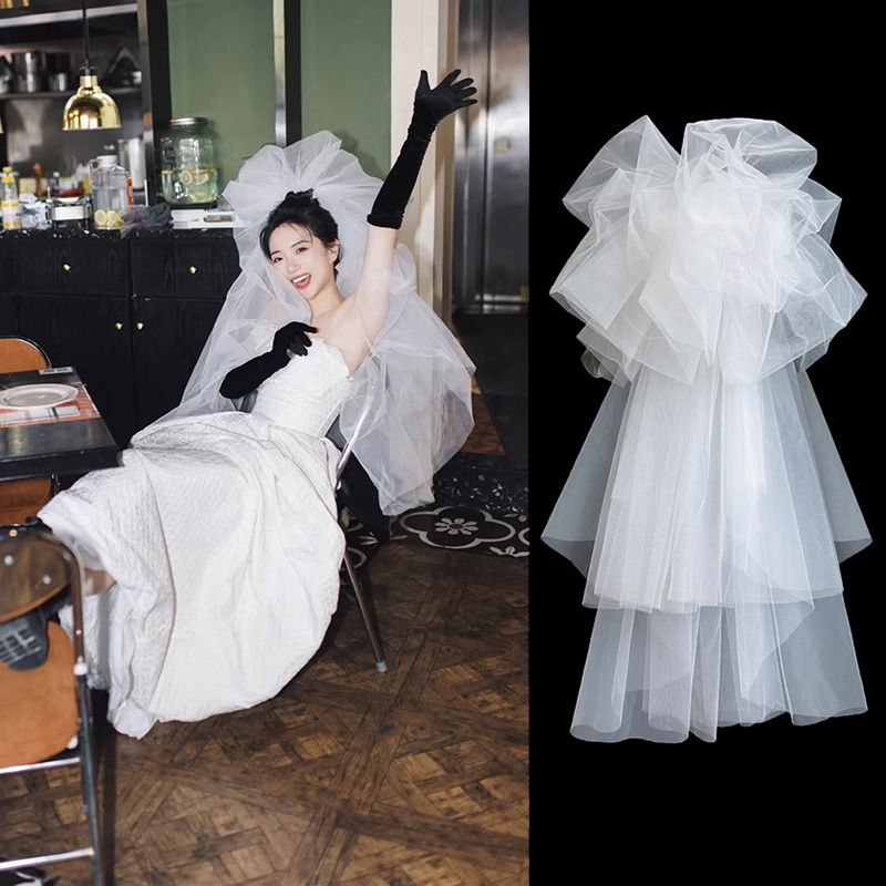 新款头纱抓泡云朵蓬蓬头纱领证登记新娘摄影造型街拍婚纱跟妆白色