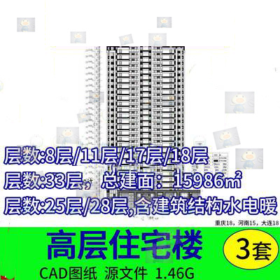 17 25 28 33高层框剪剪力墙住宅楼建筑结构水电暖设计CAD施工图纸