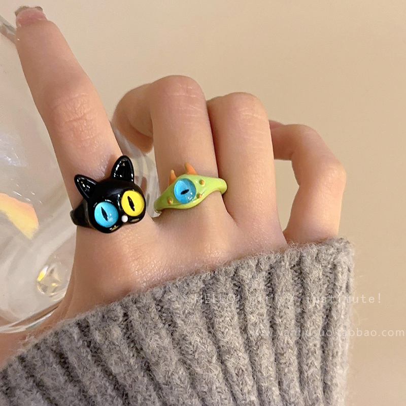 童趣黑色猫咪怪兽戒指女ins小众设计感时尚个性指环闺蜜情侣戒指