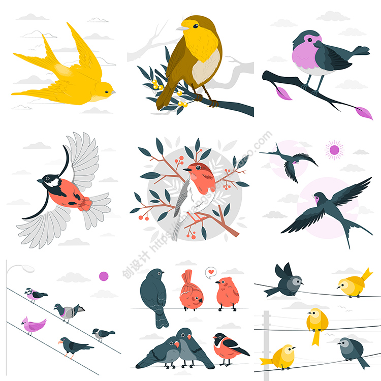 小鸟插画 卡通手绘飞翔的鸟儿麻雀燕子鸽子 AI格式矢量设计素材