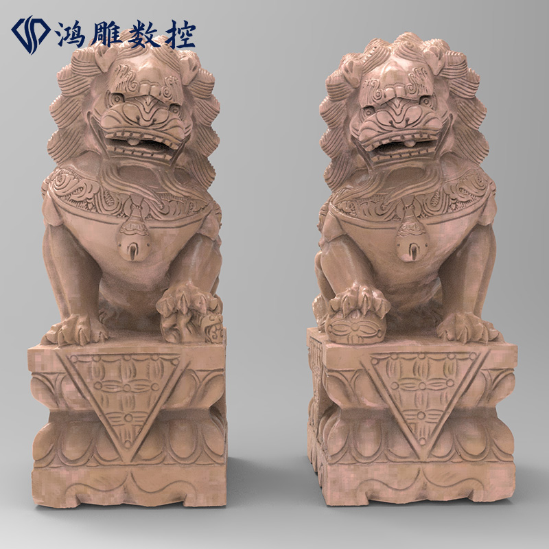 一对歪头公母北京狮子踩球三维立体圆雕图stl石雕3D打印模型