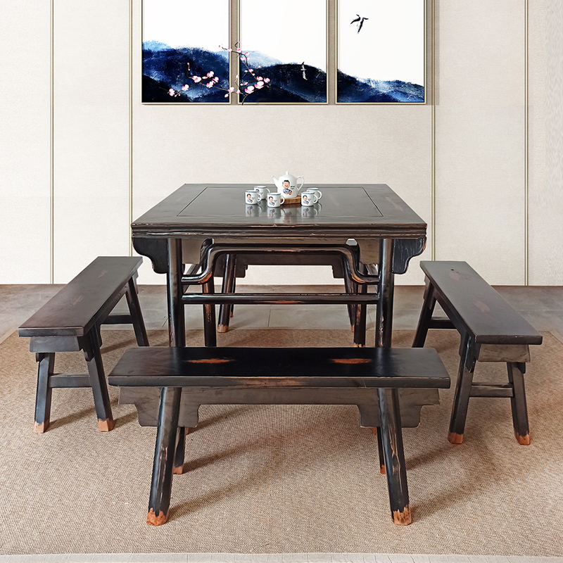 老榆木餐桌 民宿款明式榫卯结构八仙桌 条凳一腿三牙罗锅枨方桌