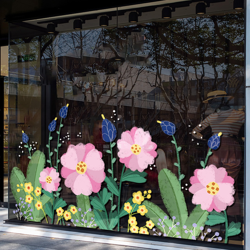 春季装饰橱窗布置玻璃贴植物花卉春天主题奶茶服装店饰品装扮贴纸