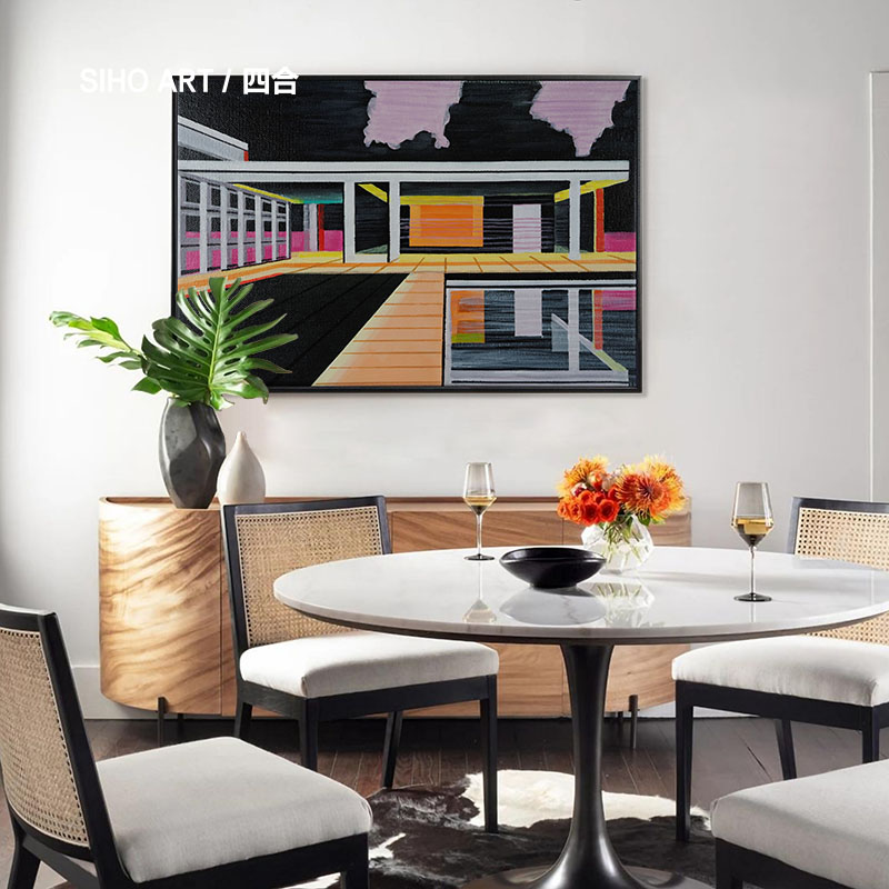 四合艺术 纯手工手绘抽象油画室内场景 现代简约餐厅过道装饰画