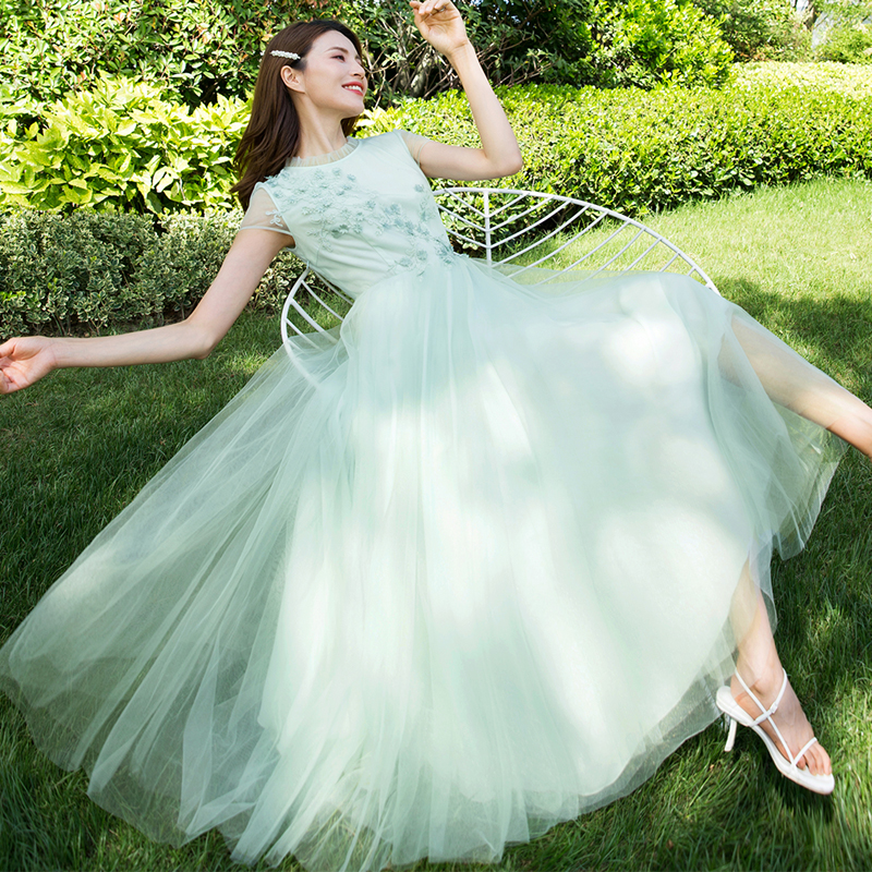美妃2023春夏新款流行裙子温柔淑女国风仙女超仙森系绿色纱连衣裙