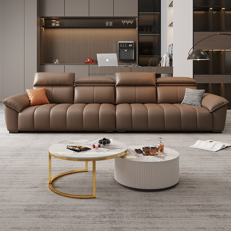 意式极简真皮沙发头层牛皮客厅组合现代简约头枕可调棕色直排沙发