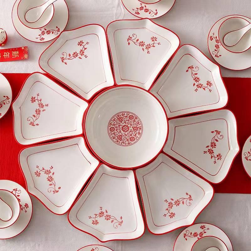 春节餐具家宴拼盘餐具新年碗碟套装园桌转桌盘团圆饭年年有余餐具