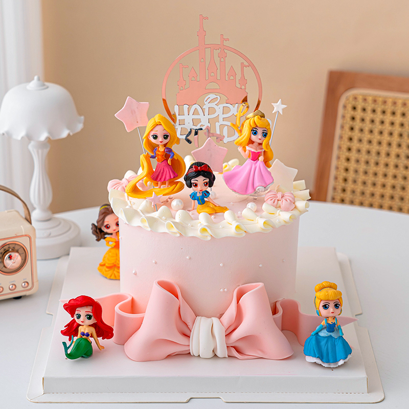 新款Q版公主儿童蛋糕装饰摆件6款8款城堡蝴蝶结女孩生日派对插件