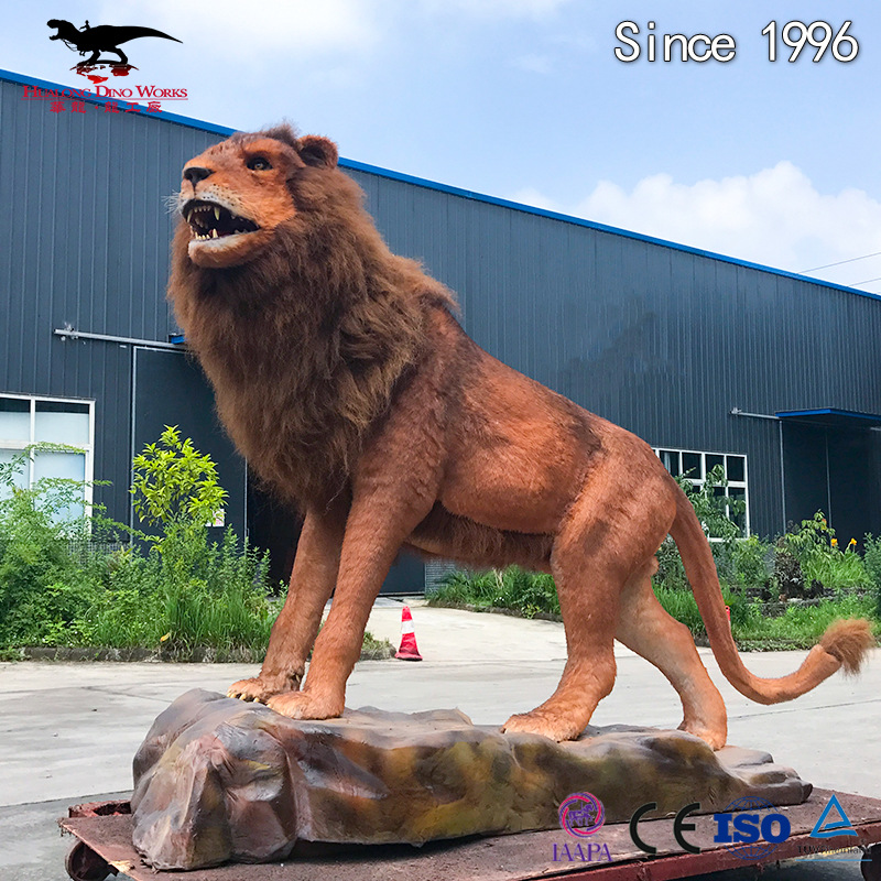 动物园主题公园机械动态仿真模型摆件纯手工粘毛棕色凶猛狮子模型