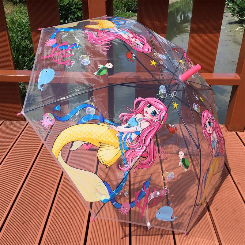 新品美人鱼透明儿童雨伞男女孩小学生幼儿园卡通可爱公主长柄伞