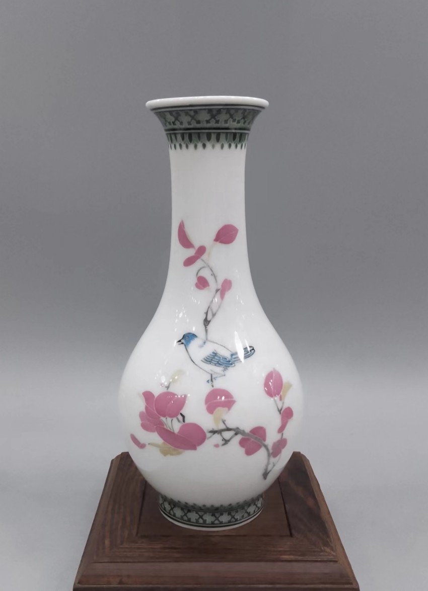 醴陵老瓷器群力90年代釉下彩手绘红叶小鸟20cm天球瓶原装一级正品