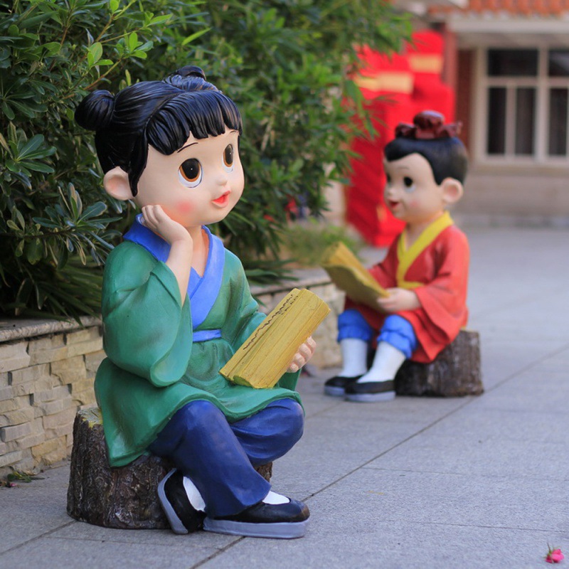 户外古人读书娃娃玻璃钢校园景观雕塑书店卡通人物装饰工艺品摆件