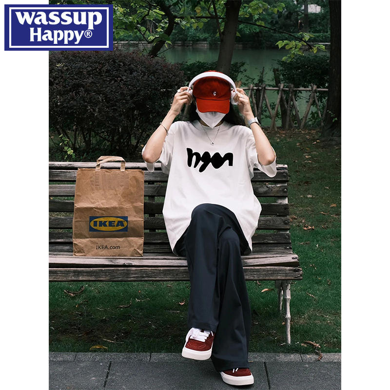 WASSUP HAPPY重磅纯棉短袖t恤男夏季美式潮牌宽松情侣七分袖上衣