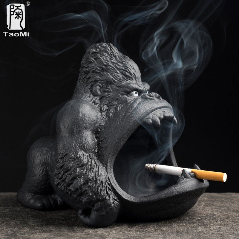 陶迷可爱卡通小动物烟灰缸猩猩防飞灰陶瓷家用客厅潮流车载大烟缸