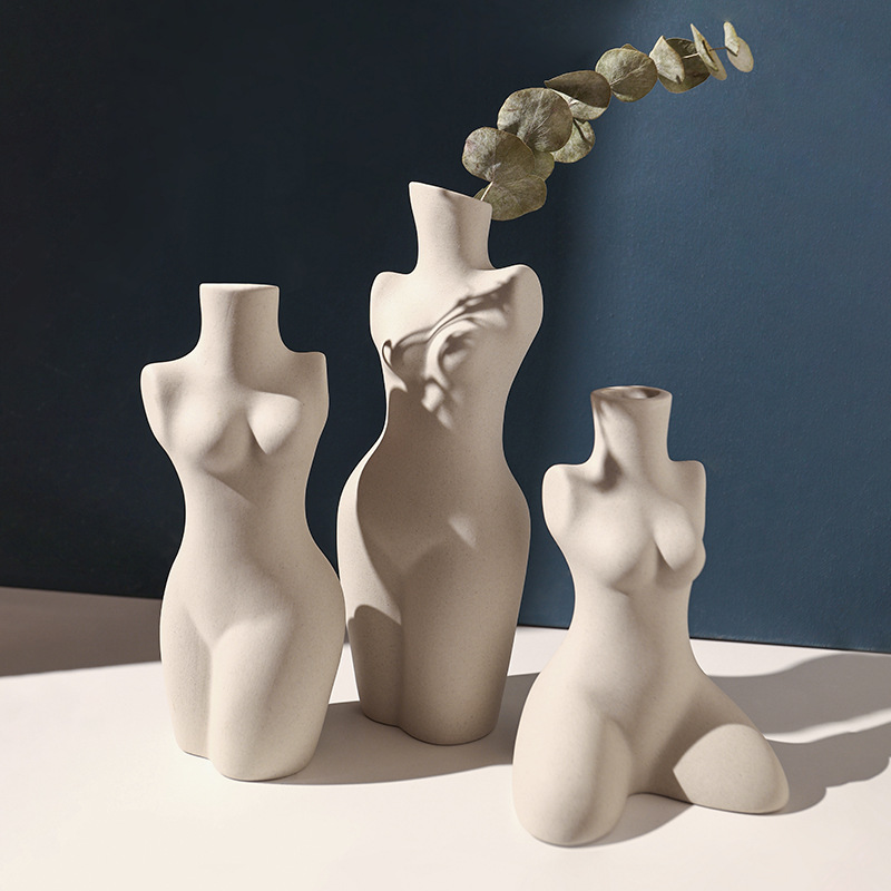 贝汉美ins人体造型艺术花瓶侘寂风陶瓷花瓶雕塑白色素胚花器