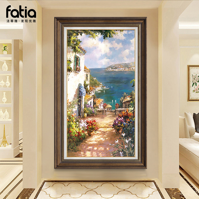 地中海风景玄关装饰画欧式美式挂画手绘油画走廊过道墙面客厅壁画