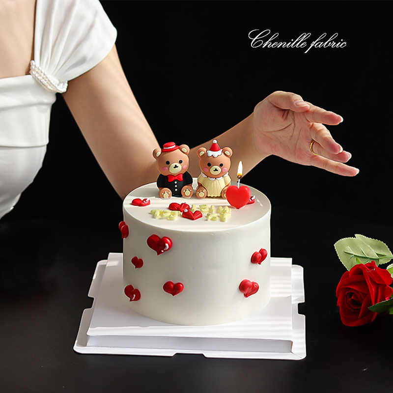 网红周年纪念日蛋糕装饰婚纱小熊摆件情人节情侣生日爱心蜡烛插件