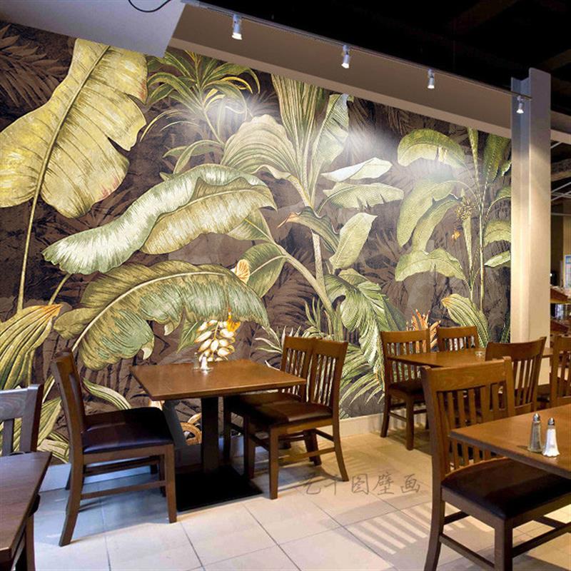 热带雨林植物壁纸芭蕉叶油画餐厅壁画客厅卧室背景墙纸手绘东南亚