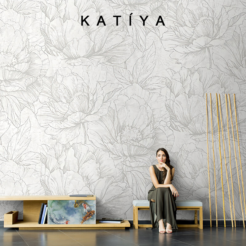 Katiya手绘壁纸涂鸦花朵素描墙布电视背景墙美式卧室沙发法式壁画