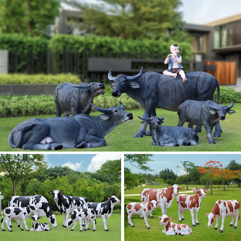 仿真奶牛雕塑牧童骑水牛大型摆件农耕文化模型玻璃钢园林景观动物