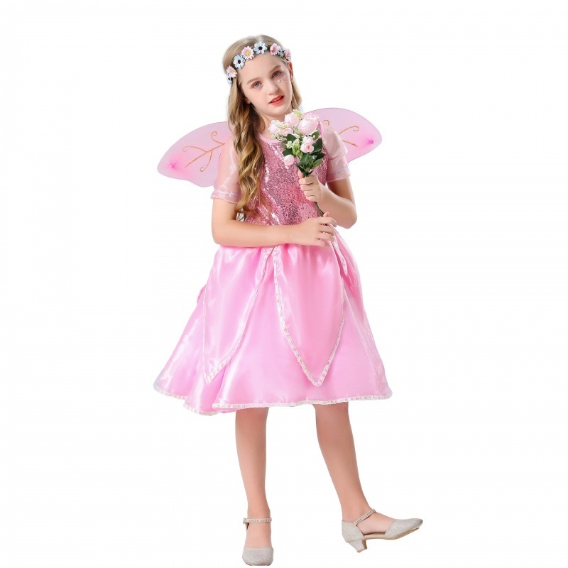 万圣节粉色小天使服装 儿童翅膀白雪公主连衣裙派对装演出服舞台