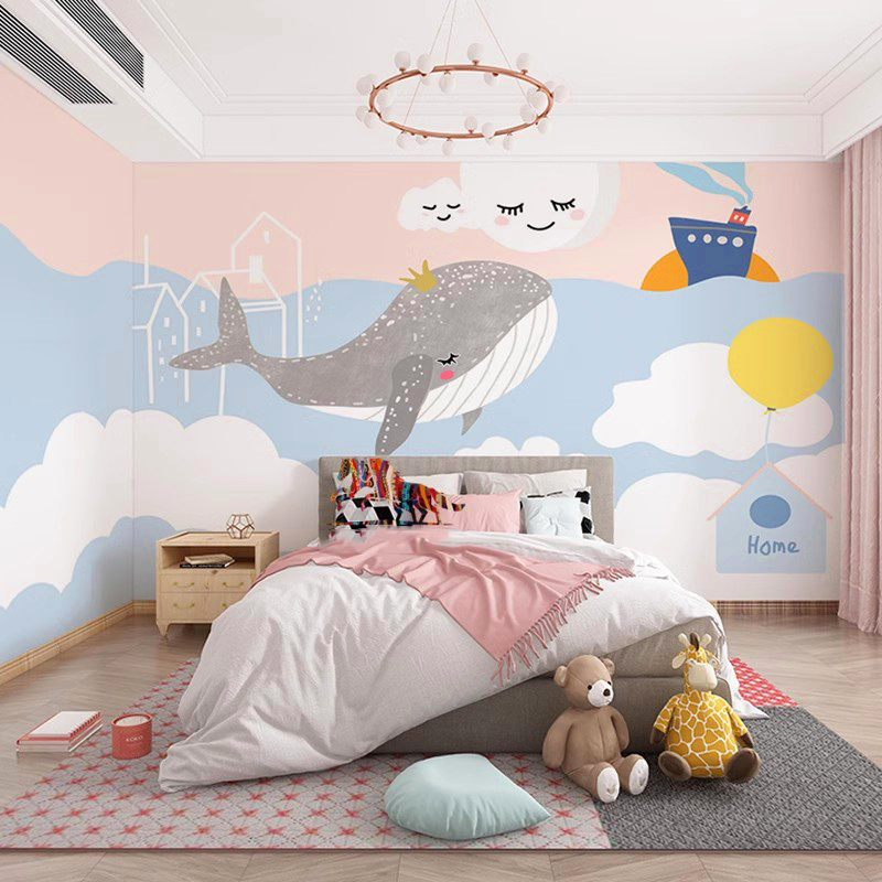 3d唯美梦幻卡通手绘鲸鱼背景墙壁纸客厅儿童房壁画男女孩卧室墙布