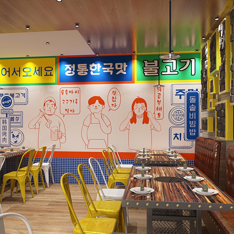 韩式手绘漫画炸鸡店墙纸韩国料理烤肉烧烤店壁纸韩风卷闸门背景墙