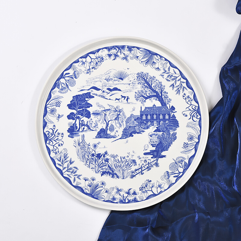 英式蓝色复古青花风景收纳盘陶瓷花纹多功能餐盘轻奢感置物托盘